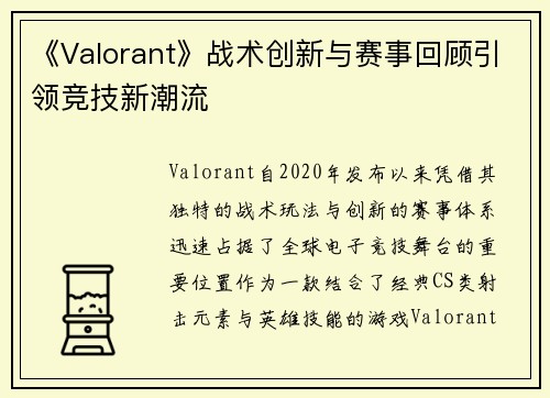《Valorant》战术创新与赛事回顾引领竞技新潮流
